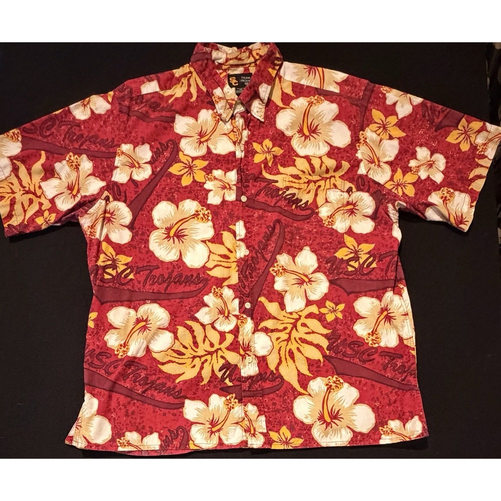 USC Trojans Vintage Red Yellow Floral Hawaiian Camp Aloha Short Sleeve Mens XXL